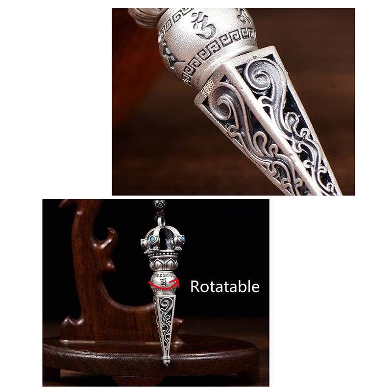 Wear FengShui Tibetan Om Mani Padme Hum Dorje Vajra Design Wisdom Rotatable Necklace Pendant