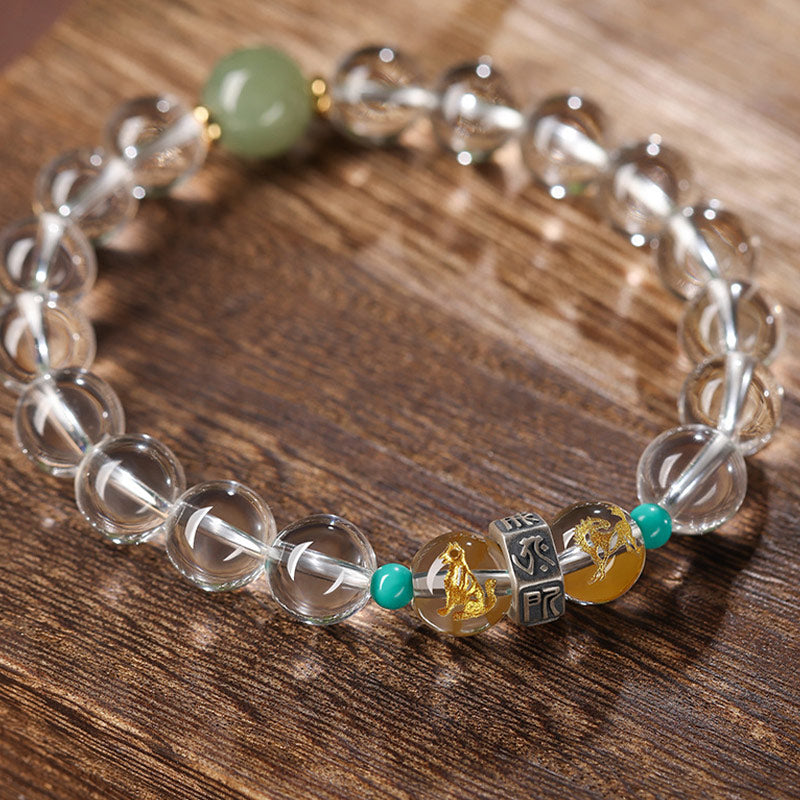 Wear FengShui 925 Sterling Silver Chinese Zodiac Natal Buddha Auspicious Groups White Crystal Hetian Jade Healing Bracelet