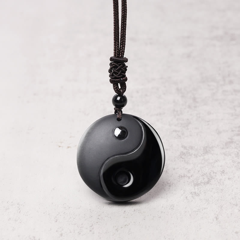 Wear FengShui Black Obsidian Taoism Five Sacred Mountains Nine-Character Mantra Carved Purification Yin Yang Necklace Pendant