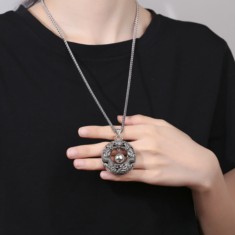 Wear FengShui Double Dragon Playing Bead Copper Protection Necklace Pendant