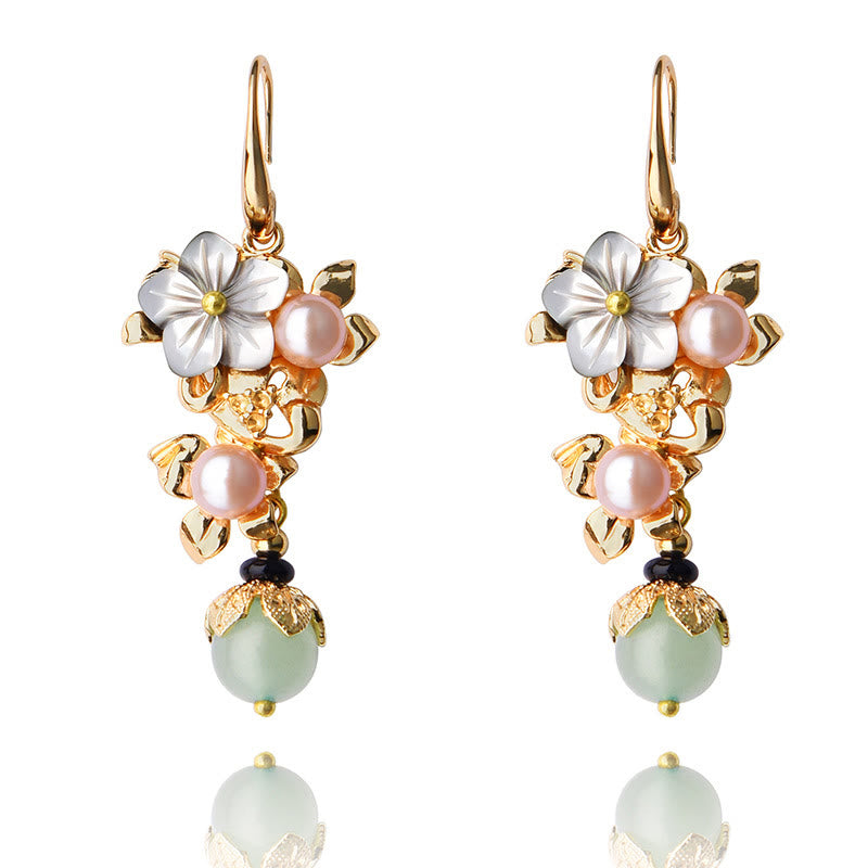 Wear FengShui 14K Gold Plated Tridacna Stone Flower Pearl Green Aventurine Bead Drop Earrings