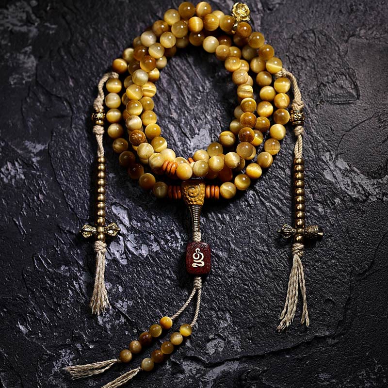 Wear FengShui 108 Mala Beads Natural Tiger Eye Copper Dorje Protection Tassel Bracelet