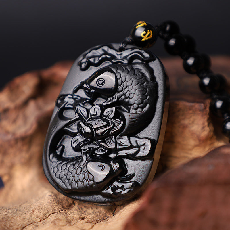 Wear FengShui Natural Black Obsidian Koi Fish Lotus Strength Beaded Necklace Pendant