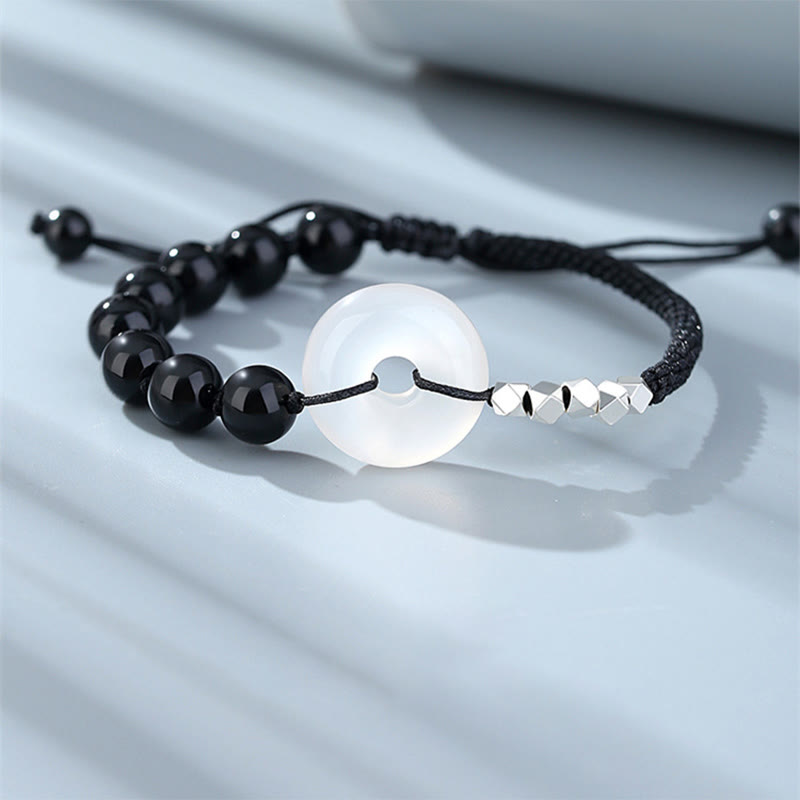 Wear FengShui 925 Sterling Silver Black Obsidian Agate Peace Buckle Strength Bracelet