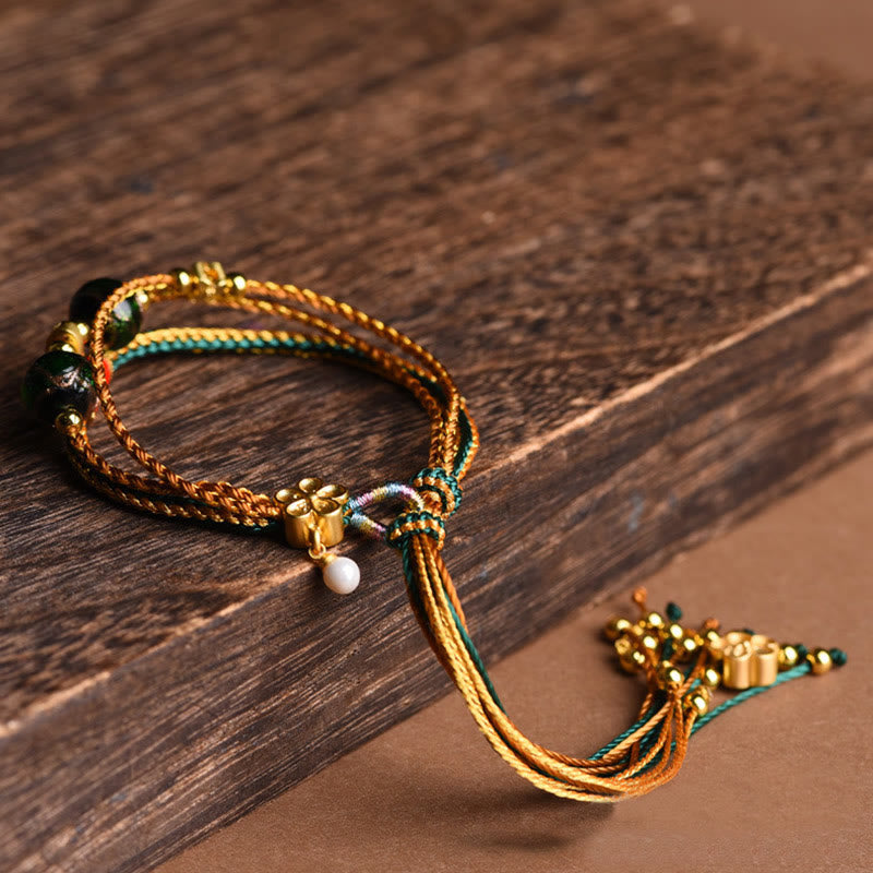 Wear FengShui Tibetan Handmade Rope Liuli Glass Bead Braided Multilayered Healing Bracelet