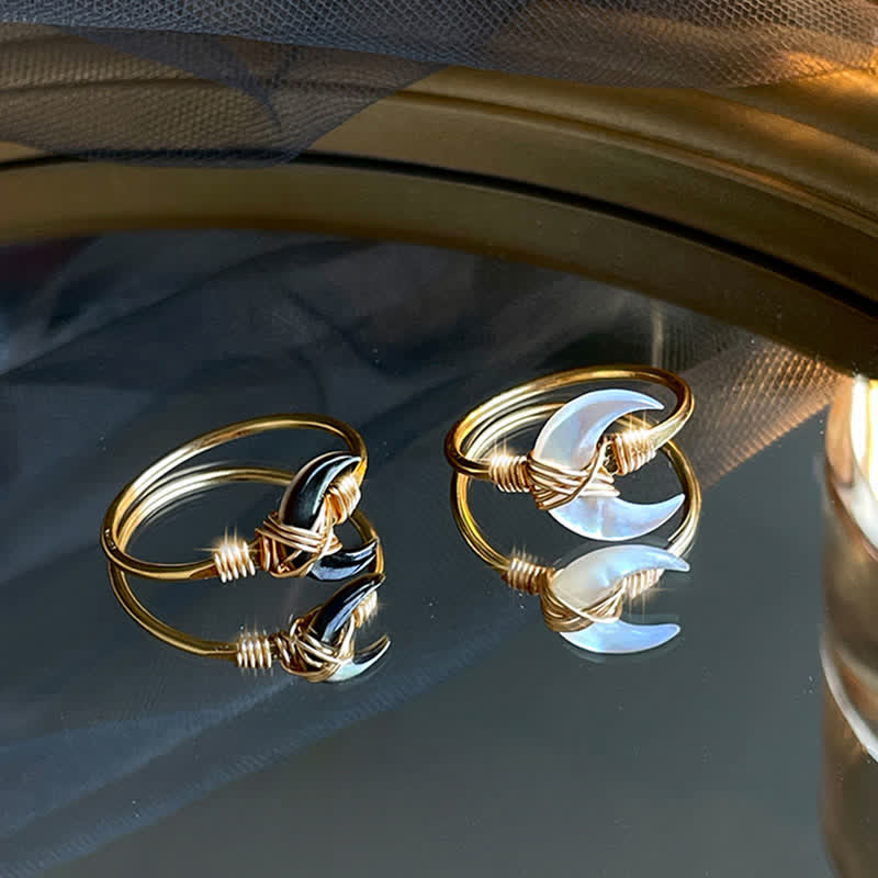 Wear FengShui Natural Tridacna Stone Moon 14K Gold Blessing Ring