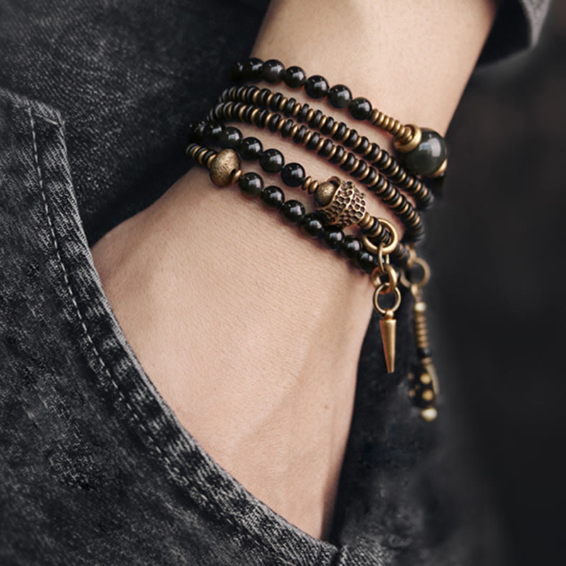 Wear FengShui Rainbow Obsidian Ebony Wood Copper Positive Multilayer Bracelet