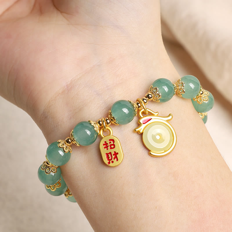 Wear FengShui Year of the Dragon Red Agate Green Aventurine Peace Buckle Fu Character Lucky Fortune Bracelet