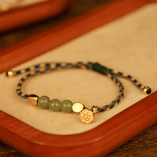 Wear FengShui Handcrafted Hetian Jade Lotus Charm Luck Braided Bracelet