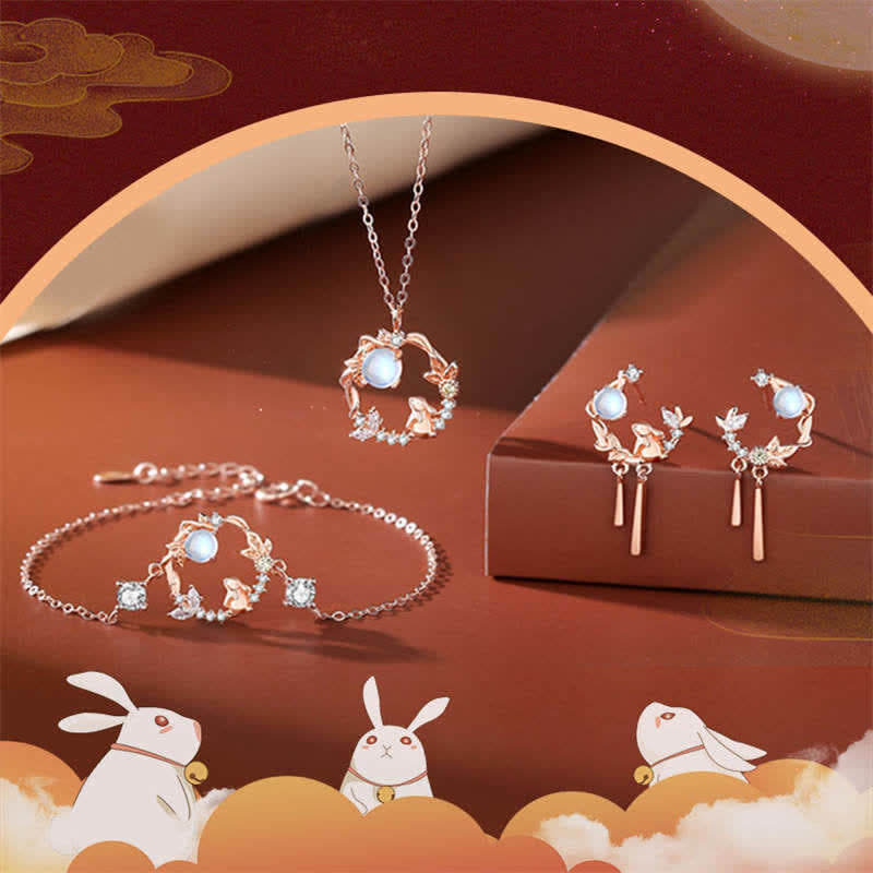 Wear FengShui 925 Sterling Silver Year of the Rabbit Moonstone Moon Flower Pattern Necklace Pendant Bracelet Earrings
