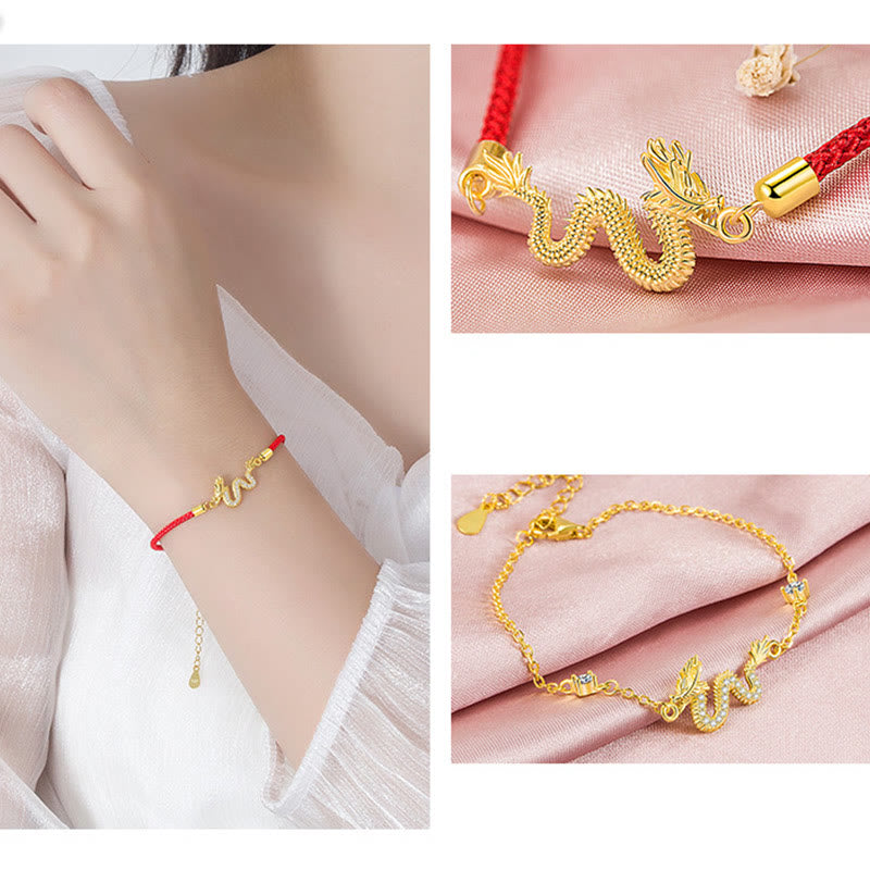 Wear FengShui 925 Sterling Silver Year Of The Dragon Auspicious Golden Dragon Luck Red Rope Chain Bracelet