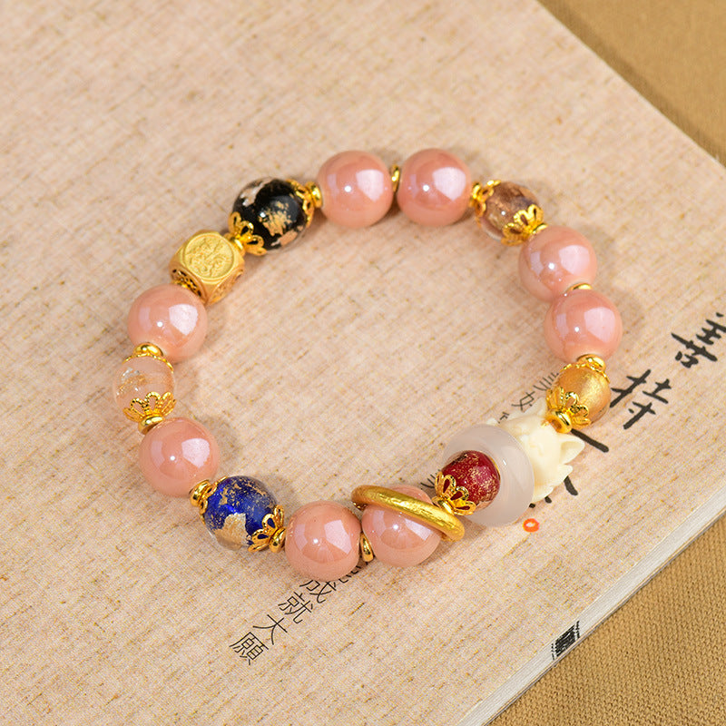 Wear FengShui Tibetan Incense Ash Liuli Glass Bead Luck Protection Nine Tailed Fox Bracelet
