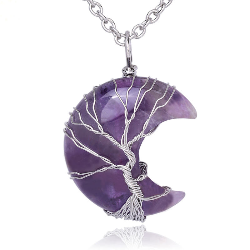 Wear FengShui Natural Quartz Crystal Moon Tree Of Life Healing Energy Necklace Pendant