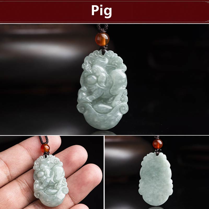 Wear FengShui Natural Jade 12 Chinese Zodiac Sucess Pendant Necklace
