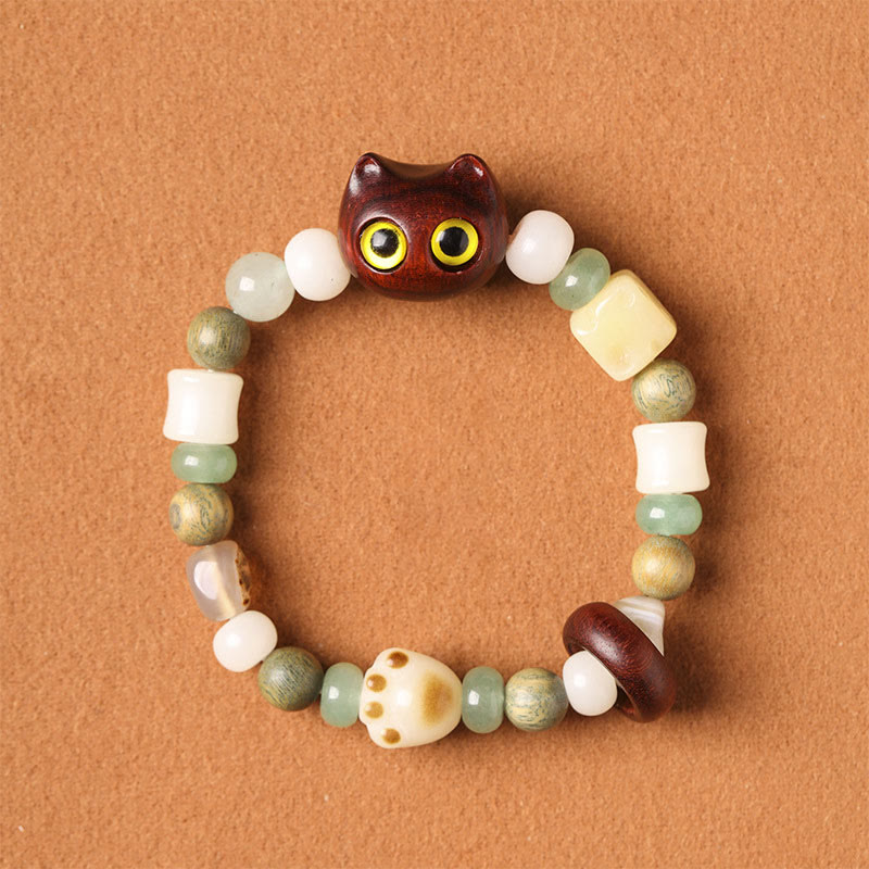 Wear FengShui Bodhi Seed Green Sandalwood Ebony Wood Small Leaf Red Sandalwood Cat Head Paw Claw Peace Bracelet
