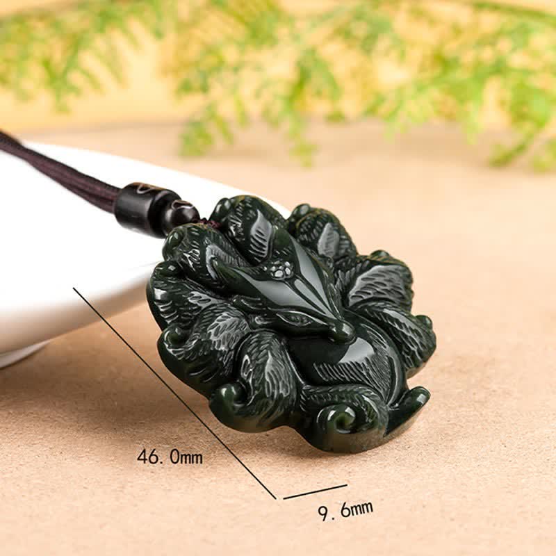 Wear FengShui Hetian Cyan Jade Nine Tailed Fox Luck Necklace String Pendant