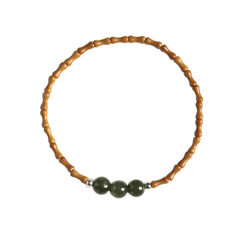 Wear FengShui Natural Olive Pit Bamboo Pattern Hetian Jade Beads Luck Bracelet