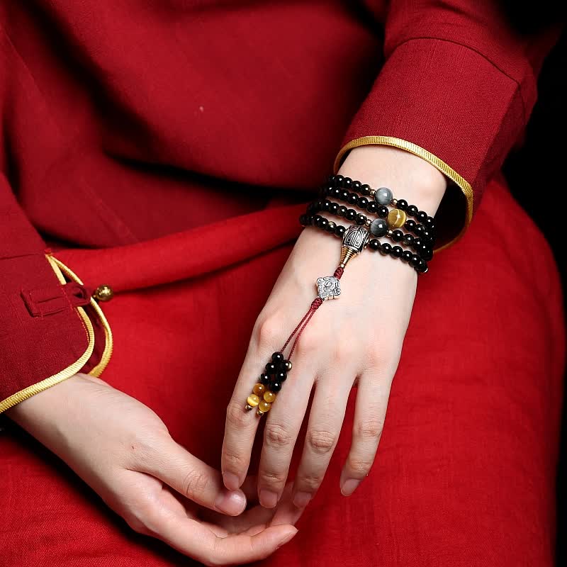Wear FengShui 108 Mala Beads Gold Sheen Obsidian Tiger Eye Eagle's Eye Stone Wealth Bracelet