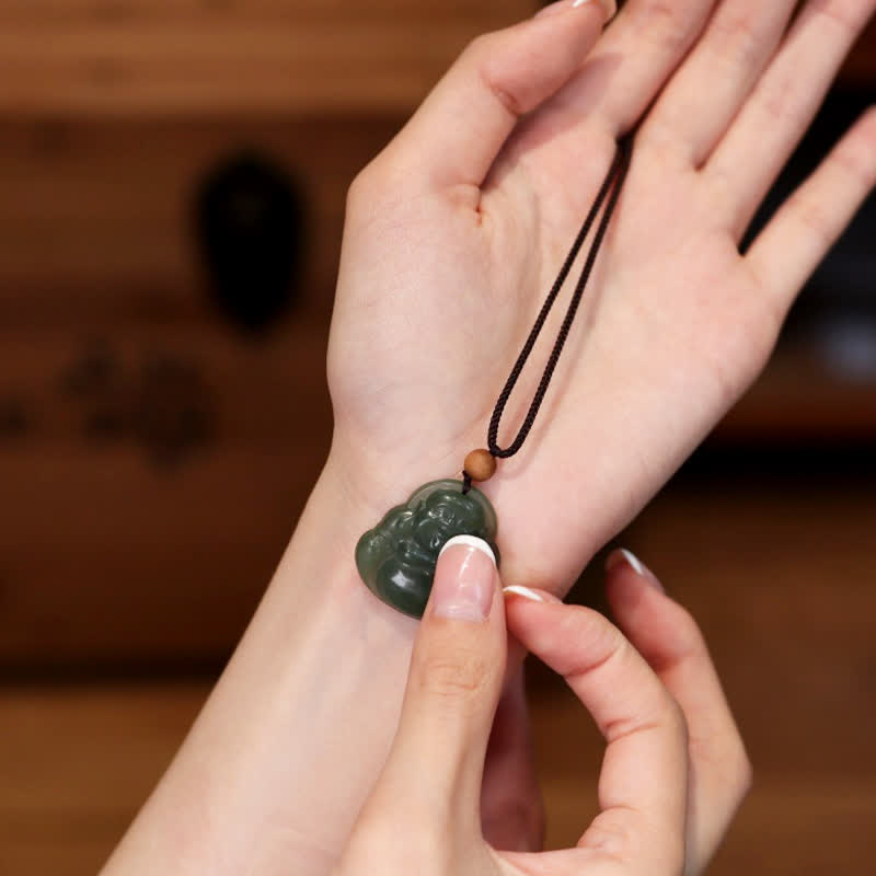 Wear FengShui Laughing Buddha Hetian Jade Healing Calm Necklace String Pendant