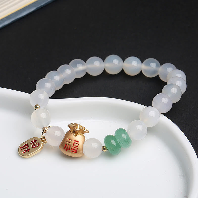 Wear FengShui Natural White Agate Red Agate Money Bag Fu Character Four Leaf Clover Protection Bracelet