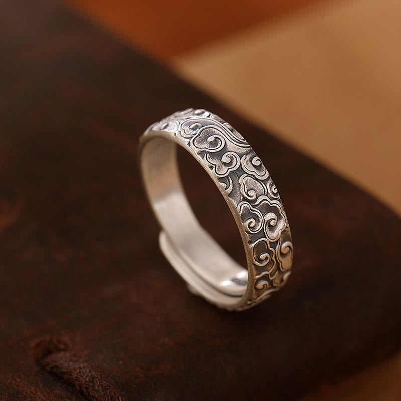 Wear FengShui 999 Sterling Silver Lotus Flower Plum Blossom Auspicious Clouds Engraved Enlightenment Ring