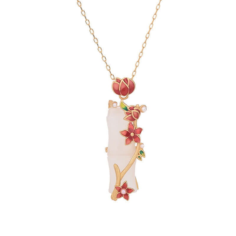 Wear FengShui White Jade Bamboo Lotus Flowers Luck Protection Necklace Pendant