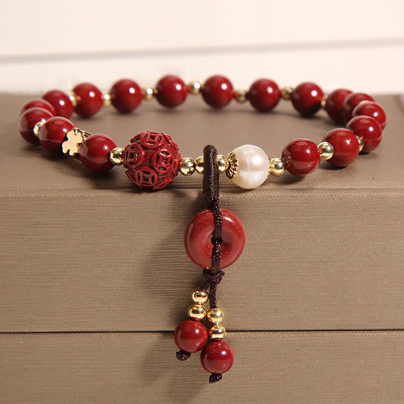 Wear FengShui Natural Cinnabar Peace Buckle Copper Coin Charm Blessing Bracelet