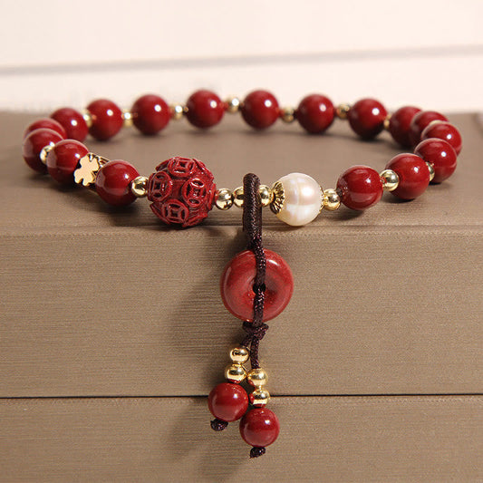 Wear FengShui Natural Cinnabar Peace Buckle Copper Coin Charm Blessing Bracelet