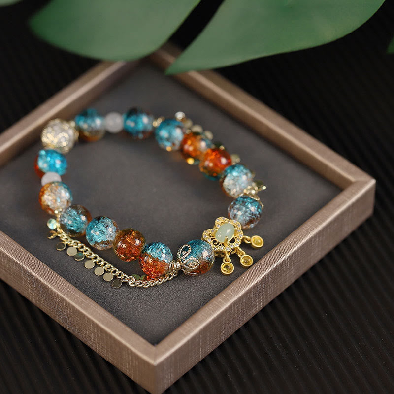 Wear FengShui Colorful Liuli Glass Bead Chinese Lock Charm Fortune Bracelet