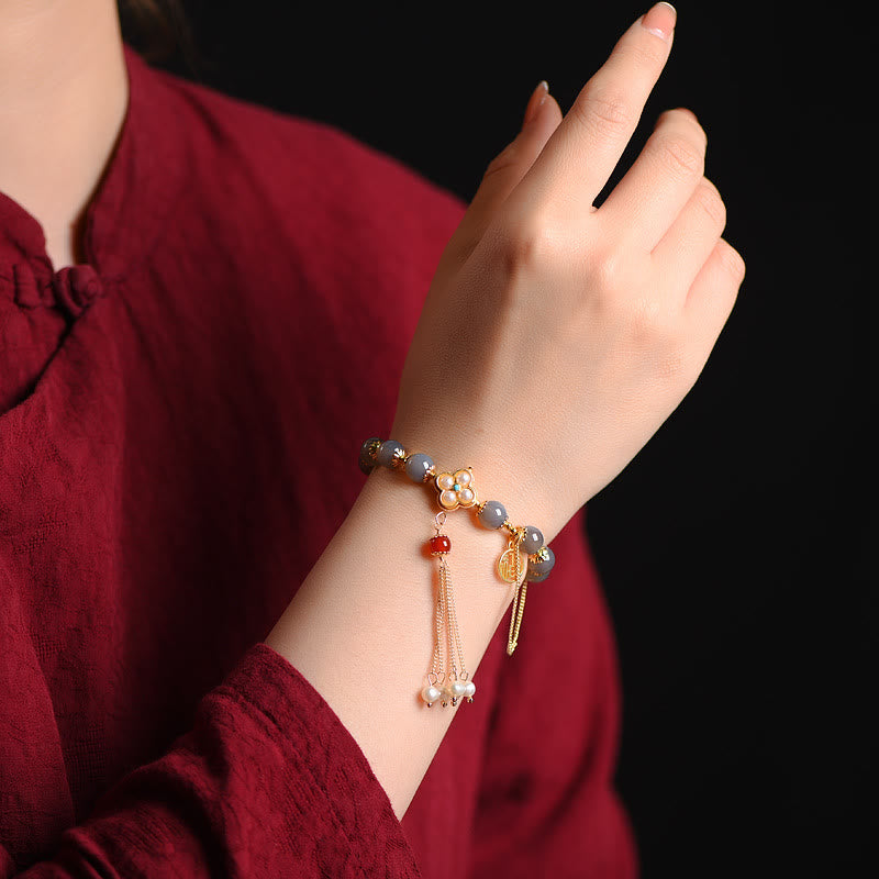 Wear FengShui Natural Gray Agate Fu Character Pearl Tassel Balance Bracelet
