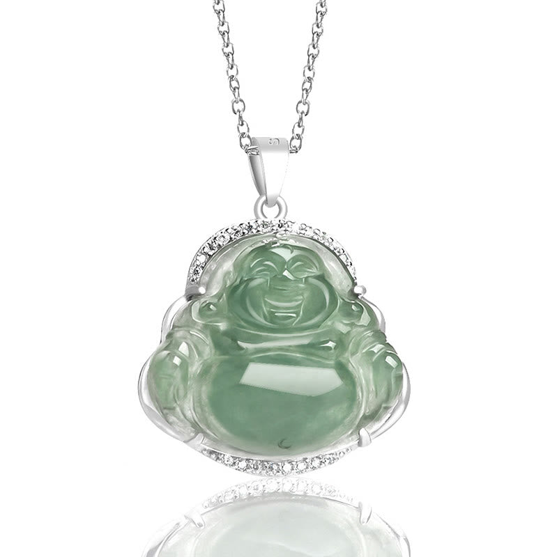 Wear FengShui Laughing Buddha Natural Jade Luck Prosperity Necklace Titanium Steel Chain Pendant