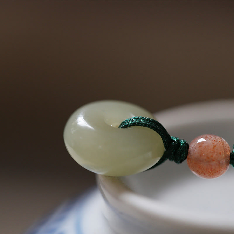 Wear FengShui Natural Round Jade Peace Buckle Lotus Abundance String Necklace Pendant