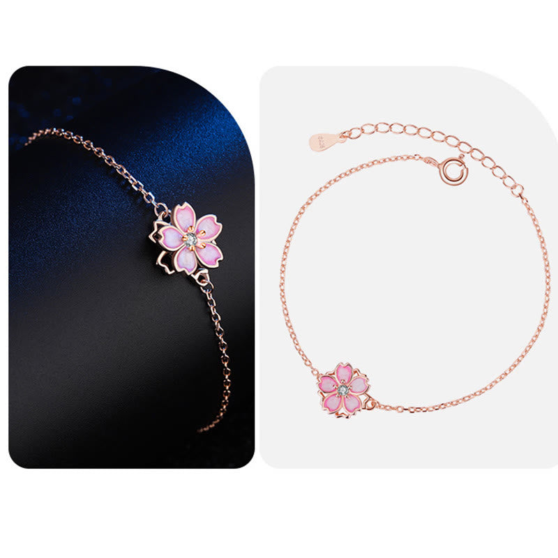 Wear FengShui 925 Sterling Silver Cherry Blossom Blessing Chain Bracelet Rotatable Ring