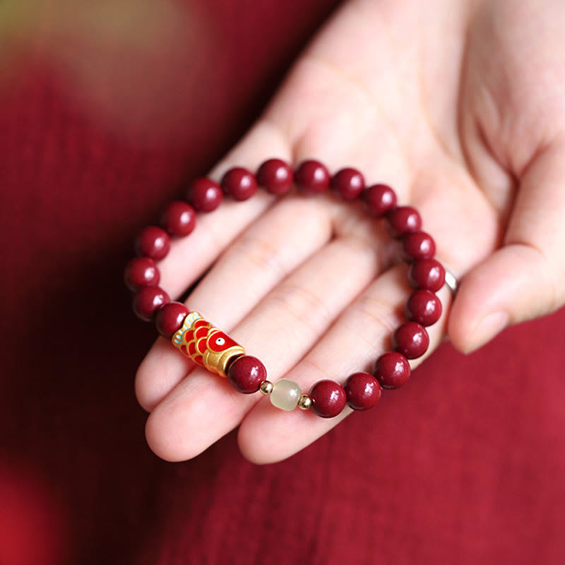 Wear FengShui Natural Cinnabar Lucky Koi Fish Hetian Jade Bead Blessing Bracelet