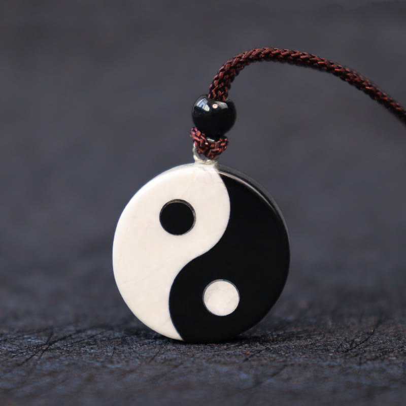 Wear FengShui Natural Black Obsidian White Turquoise Yin Yang Fulfilment Strength Necklace Pendant