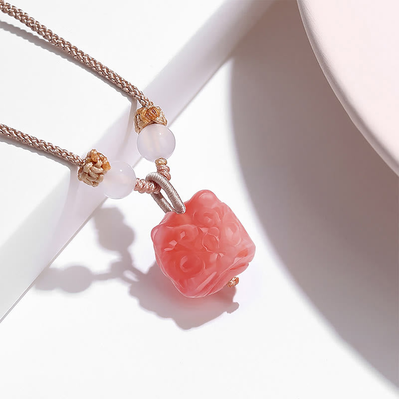 Wear FengShui Natural Silver Sheen Obsidian Red Agate Dancing Lion Protection Necklace Pendant