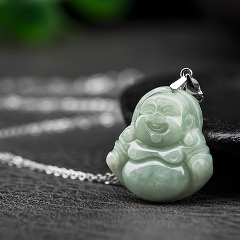 Wear FengShui Laughing Buddha Jade Blessing Titanium Steel Chain Necklace Pendant
