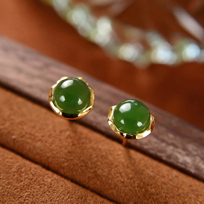 Wear FengShui 925 Sterling Silver Plated Gold Natural Hetian Cyan Jade Bead Luck Stud Earrings
