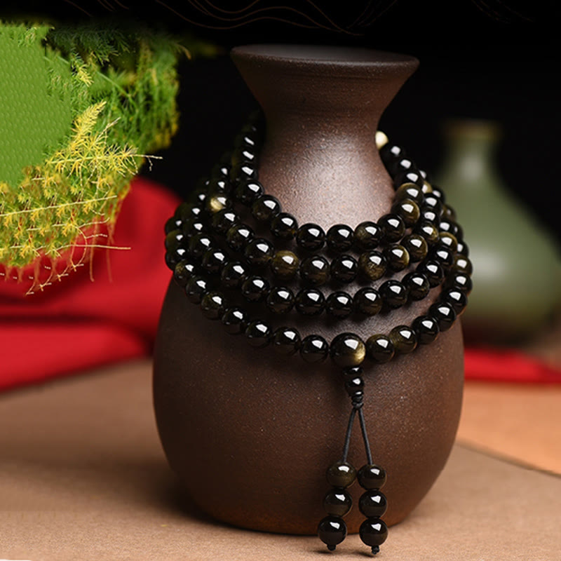 Wear FengShui 108 Mala Beads Natural Gold Sheen Obsidian Wealth Bracelet
