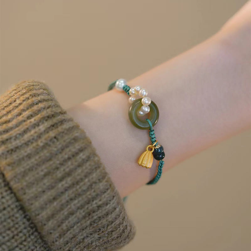 Wear FengShui Natural Hetian Jade Peace Buckle Pearl Luck Handcrafted Braided Bracelet