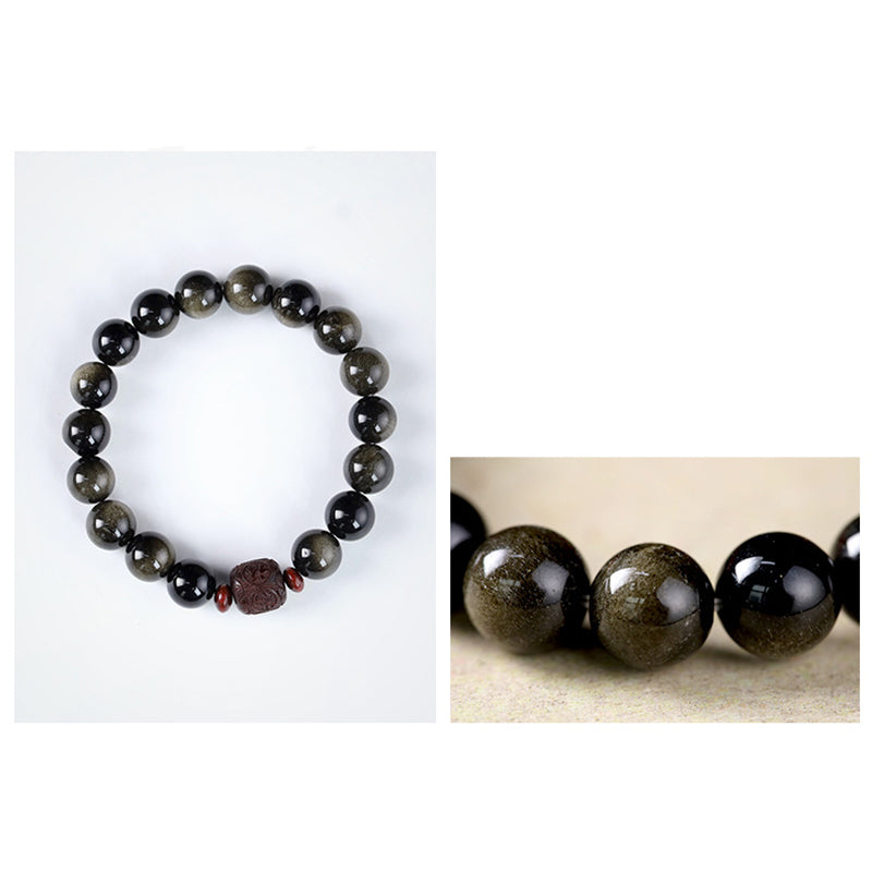 Wear FengShui Natural Gold Sheen Obsidian Rainbow Obsidian Om Mani Padme Hum Fu Character Healing Bracelet