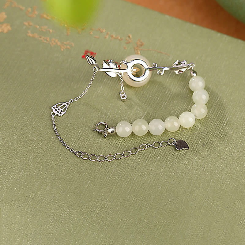 Wear FengShui 925 Sterling Silver Hetian Jade Peace Buckle Lotus Luck Chain Bracelet