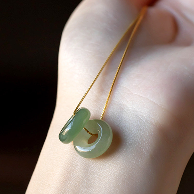 Wear FengShui Natural Round Jade Peace Buckle Luck Abundance Necklace Pendant