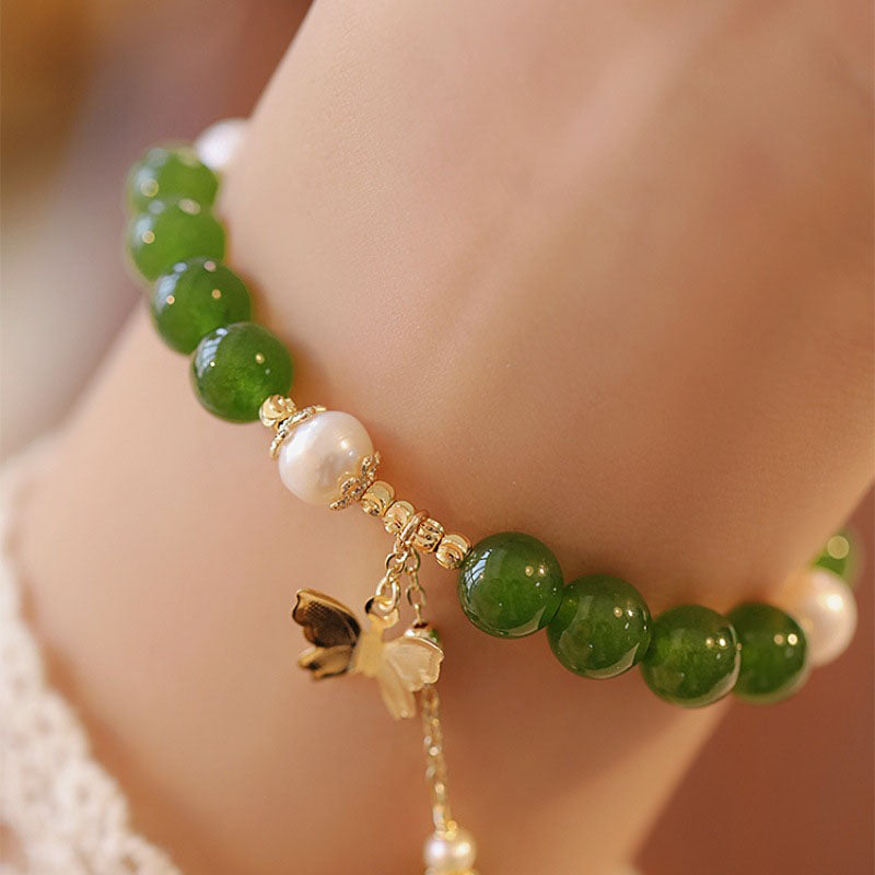 Wear FengShui Natural Green Chalcedony Pearl Butterfly Courage Strength Bracelet