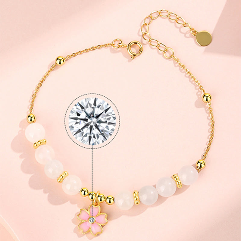 Wear FengShui 925 Sterling Silver Hetian White Jade Cherry Blossom Protection Bracelet