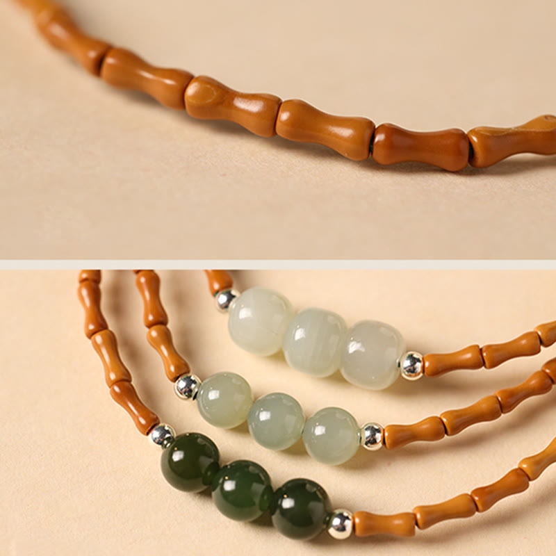 Wear FengShui Natural Olive Pit Bamboo Pattern Hetian Jade Beads Luck Bracelet