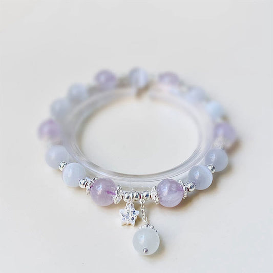 Wear FengShui 925 Sterling Silver Natural Amethyst Cat's Eye Spiritual Awareness Star Bracelet