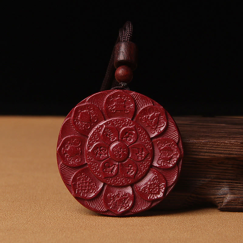 Wear FengShui Natural Cinnabar Lotus Om Mani Padme Hum Blessing Necklace String Pendant