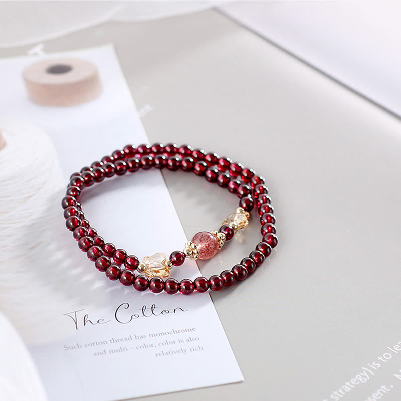 Wear FengShui 14K Gold Plated Natural Garnet Strawberry Quartz Butterfly Protection Double Wrap Bracelet