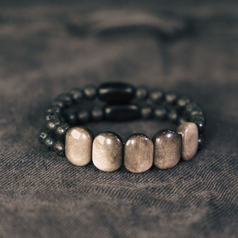 Wear FengShui Natural Silver Sheen Obsidian Lava Rock Communication Bracelet